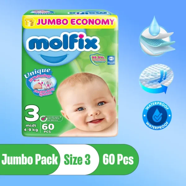 Molfix Size3 Diaper Jumbo Pack Midi, (4-9Kg, 60Pcs)