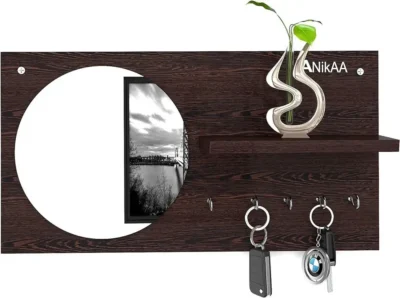 Wooden Key Holder Shelf with Mirror and Hooks for Decor